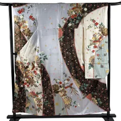 振袖 身丈154.5cm 裄丈62.5cm S 袷 鳥 草花 金糸 金銀彩 青灰色 正絹 秀品 【中古】のサムネイル