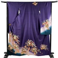 【美品】 振袖 身丈166cm 裄丈65.5cm M 袷 花車 几帳 金彩 紫 正絹 秀品 【中古】のサムネイル