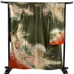 振袖 身丈161.5cm 裄丈65.5cm M 袷 鼓 孔雀 金彩 ラメ 灰緑 正絹 秀品 【中古】のサムネイル