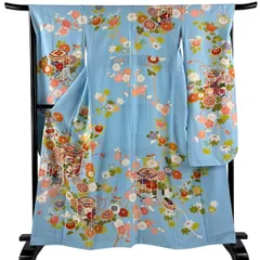 振袖 身丈162cm 裄丈67cm M 袷 千總 落款 貝桶 草花 金糸 金彩 水色 正絹 逸品 【中古】のサムネイル