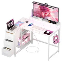 在庫処分 ゲーミングデスク 収納たっぷり オフィスデスク 引き出しとコンセント付き 3段調節モニター台（10～33.5cm対応） 書斎 L型デスク・左右組み換え自由 テレワーク 収納ラック付き 幅108奥行き80高さ71.8㎝ PCパソコンデスク (幅108㎝のサムネイル