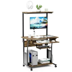 特価 テーブル 木目柄 木製 キャスター 収納ラック付き キーボードテーブル付き パソコンラック PCラック 省スペース pcデスク シンプル 机 メラミン加工 ワークデスク学習机 パソコンデスク 80X50X135cm DEWEL (木目調)のサムネイル