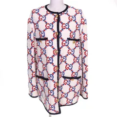未使用品△GUCCI グッチ 569926 インターロッキングGボタン GG ツイード ノーカラージャケット ホワイト レッド ブルー 42 伊製 正規品のサムネイル