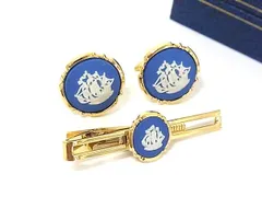 ■極美品■ WEDGWOOD ウェッジウッド ジャスパー カフスボタン カフリンクス タイクリップ 2点セット ゴールド系×ブルー系 DN9134のサムネイル