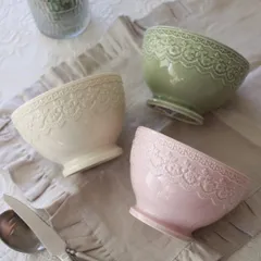 ボウル サラダボウル カフェオレボウル 陶器 小どんぶり 小丼 グリーン ピンク アイボリー アンティーク風 可愛い食器 おしゃれ レース柄のサムネイル