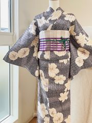 こ*ね様 有松鳴海絞り 浴衣 ゆかた 黒 花柄 身丈150裄66身丈小さめ