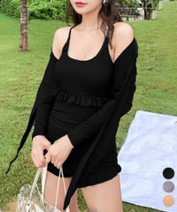 【2-Piece Set for Peace of Mind with a Cover-Up Jacket】One-Piece Swimsuit with Bolero, Cross Back, Frills, Cardigan Included, Slimming Effect, Modest Coverage, Body Shaping, Available in 3 Colors, Women's Korean Style