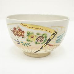 京焼 清水焼】貴山 御題茶碗 抹茶碗 金彩青海波 宝尽くし 化粧箱入
