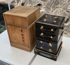 福久勝利 (造) 輪島塗 沈金 三段重 共箱 茶道具 会席 漆芸 木工芸