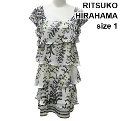□ リツコシラハマ RITSUKO SHIRAHAMA ティアードワンピース ひざ丈 半袖 スクエアネック プリント フレア 白地 1 S 7号 レディース Z6D020のサムネイル