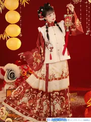 赤色百褶馬面裙  コスプレ  アイドル衣装 【明制刺繍方領馬甲】秋冬加絨バージョンセット 中国伝統衣装    コスプレ キャラクター衣装   成人式（米色/赤色） CS629P050のサムネイル
