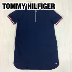 【使用感少】TOMMY HILFIGER トミーヒルフィガー ハーフジップ 半袖ワンピース sizeM ネイビー 濃紺 トリコロール メタルロゴ 総丈90.5cm 肩幅40cm 身幅(脇下)52cm 袖丈24.5cm 裾幅59cm【古着】のサムネイル