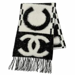 極美品☆CHANEL シャネル AAA478 カシミヤ シルク混 ココマーク・ロゴデザイン フリンジ マフラー ホワイト ブラック イタリア製 箱付きのサムネイル