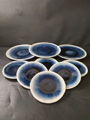 F27-01/京焼/瓢箪印/蒼天釉/瑠璃釉大皿3客、中皿6客/約Φ27.5cm、約Φ18cm/骨董/中皿/飾皿/飾り皿/大皿/盛皿/懐石道具/懐石料理/民芸/モダン/洋食器のサムネイル