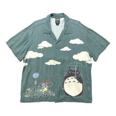 USA 헌 옷 GHIBLI 스튜디오 지브리 영화 이웃집 토토로 레이온 개 칼라 오픈 컬러 셔츠 맨즈 XL 그린 BF5138