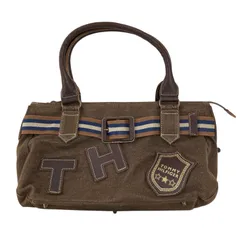 186000 現状品 TOMMY HILFIGER トミーヒルフィガー レザーワッペン トートバッグ キャンバス ブラウンのサムネイル