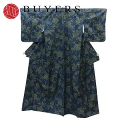 【中古】 紬 正絹 着丈約162.5cm 裄丈約64cm 藍色 イエロー 花唐草 モダン お洒落 和装 呉服 和服 きもの レディース 女性のサムネイル