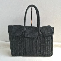 希少☆メゾンエヌアッシュパリ トートバッグ ラフィア かごバッグ DAHLIA ダリア フラップ 蓋付き ブラック 黒のサムネイル