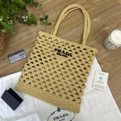 PRADA プラダ クロシェ トートバッグ かごバッグ ラフィア ロゴ 茶