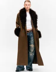 モンキ レディース アウター コート ギンガムチェック ウール マキシ ギンガム Monki woolook belted maxi coat with faux fur collar and cufのサムネイル