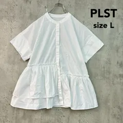 PLST プラステ L アシンメトリーペプラムブラウス ホワイト バンドカラー 吸汗速乾 トップス チュニック 異素材 ドッキング 切り替え フリル おしゃれ 体型カバー きれいめ 大人可愛い 上品 仕事 通勤 オフィス ★ ■◆のサムネイル