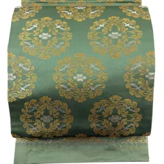 袋帯 逸品 龍村晋 落款 天平花葉丸文錦 箔 灰緑 全通 正絹 【中古】のサムネイル