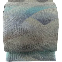 【美品】 袋帯 逸品 佐波理 落款 幾何学 金銀糸 箔 銀色 六通 正絹 【中古】のサムネイル