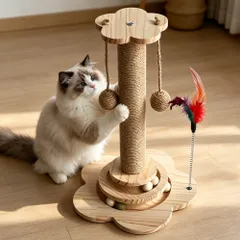 猫 爪研ぎ 猫つめとぎ 爪とぎ 猫おもちゃ付き 猫ボール & 羽毛付き ペット用品 46cm 高さ 日本語説明書のサムネイル