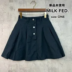 新品未使用 MILK FED. ミルクフェド ONE SIZE BOX PLEAT MINI SKIRT ミニスカート ボックスプリーツ プリーツスカート 膝上 Aライン 前ボタン フロントボタン ウエストゴム ロゴパッチ ネイビー ★ ■◆のサムネイル