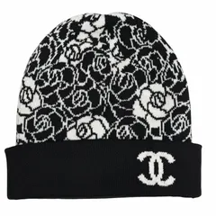 極美品△CHANEL シャネル カシミヤ100％ ココマーク カメリア ニット帽 ニットキャップ ブラック ホワイト イギリス製 正規品 レディースのサムネイル