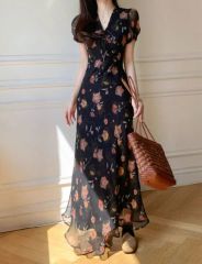 ラルフローレン ロングワンピース カシュクール 花柄 黒 ティアード
