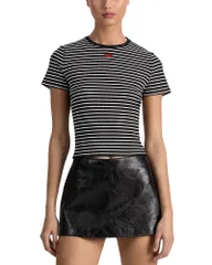 アリスアンドオリビア レディース トップス Tシャツ 刺繍 クロップド Alice and Olivia Cindy Embroidered Cropped Tee Black Stripe ブラックのサムネイル