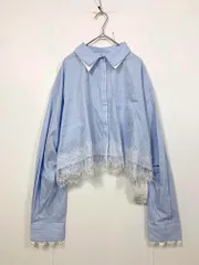 新品 mystic ミスティック ショート丈 ストライプ裾レース シャツ sizeF/水色 ■■ レディースのサムネイル