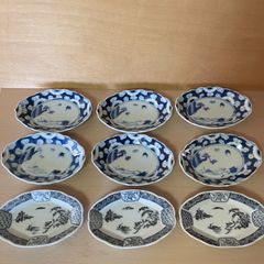 骨董 古伊万里 染付 山水図 舟形皿 変形皿 8枚セット 揃い物 和食器