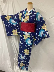 【未使用品】　匿名配送　撫松庵　ブランド浴衣　浴衣　レディース　紺色　百合　朝顔　Mサイズ　浴衣単品　fのサムネイル