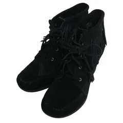 Minnetonka ミネトンカ 秋冬 スウェード★ レザー フリンジ ウェッジ ブーツ フリンジウェッジブーツ Sz.7 レディース 黒のサムネイル