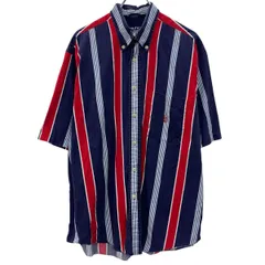 90s NAUTICA 半袖 ストライプシャツ L ネイビー ノーティカ ボタンダウン ストライプ柄 胸ポケット 90年代 半シャツ 夏物 a806-7218のサムネイル