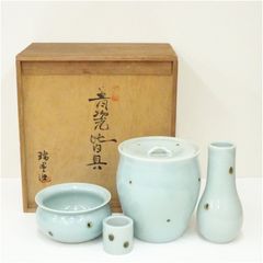 イ945 皆具『千右窯』『飛青磁 皆具 共箱』茶道具 水指 健水 杓立 蓋置