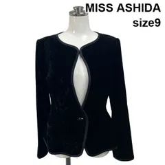 ◆ ミスアシダ MISS ASHIDA ノーカラージャケット 長袖 ベロア パイピング フロントカット 肩パット 黒 9 S 7号 レディース S6H200のサムネイル