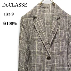 涼しく軽量✨ ドゥクラッセ DoCLASSE 麻100% サマージャケット リネン テーラードジャケット 9号 M チェック柄 イエロー グレー 薄手 春夏 レディース 羽織り 冷藤対策 アウター カジュアル ミセス 上品 きれいめのサムネイル