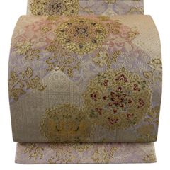 美品】 袋帯 秀品 華文 蜀江文 金糸 箔 ベージュ 六通 正絹 【中古