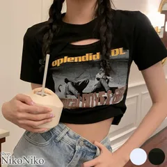 ショップにこにこ フォトプリント カットアウト ショート丈チビTシャツ ma 【即納】 Y2K 参戦服 半袖 チビT スタイトトップス ミニ丈  フロントカットアウト モノクロプリントのサムネイル