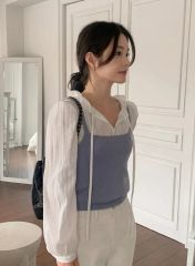 お盆発送不可です！GALENA メッシュフリルコンビブラウス ブルー レア 