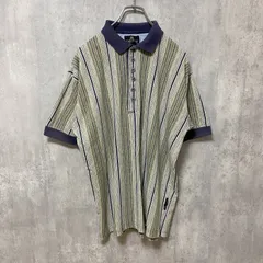 STRUCTURE 半袖ストライプ柄ポロシャツ　ボタン付き　総柄　レトロデザイン　ネイビー　Sサイズ　古着【値引き交渉OK！】のサムネイル