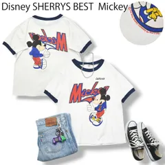 90s ヴィンテージ USA製 ディズニー Disney SHERRYS BEST ミッキー マウス Mickey カリフォルニア プリント リンガー Tシャツ シングルステッチ L ホワイトxネイビー メンズのサムネイル