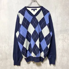 TOMMY HILFIGER トミーヒルフィガー　長袖アーガイル柄ニット　セーター　ロゴ刺繍　ネイビー　Lサイズ　古着【値引き交渉OK！】のサムネイル