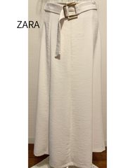 【ZARA 】春夏 白 ベルト付きロングスカート きれいめ　L〜LLサイズ