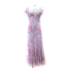 マンゴ MNG ワンピース ロング シフォン フレンチスリーブ 花柄 S ピンク /YIのサムネイル