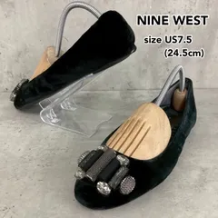 NINE WEST ナインウエスト US7.5 24.5cm フラットシューズ パンプス バレエシューズ ビジュー ベロア ベルベット 装飾 スクエアトゥ ローヒール カジュア ル パーティー キレイめ 婦人靴 ブラック ★ ■■のサムネイル