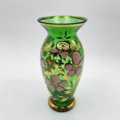 【美品】ボヘミアガラス 当時物 チェコスロバキア製 花瓶 金彩 ハンドペイント グリーン 高さ23cmのサムネイル
